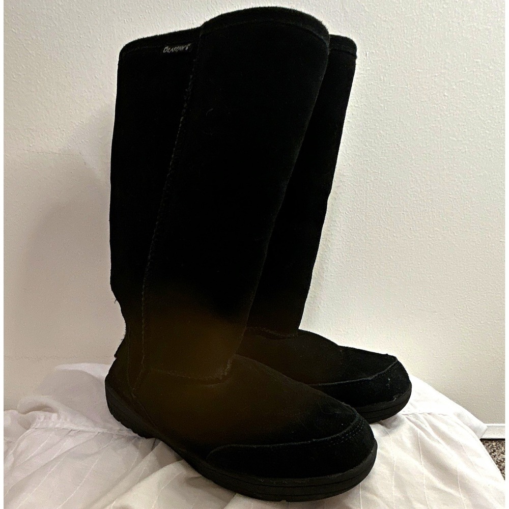 BEARPAW Black Suede Sheepskin Lined Knee High Boots Size 8 Tall Winter Cozy